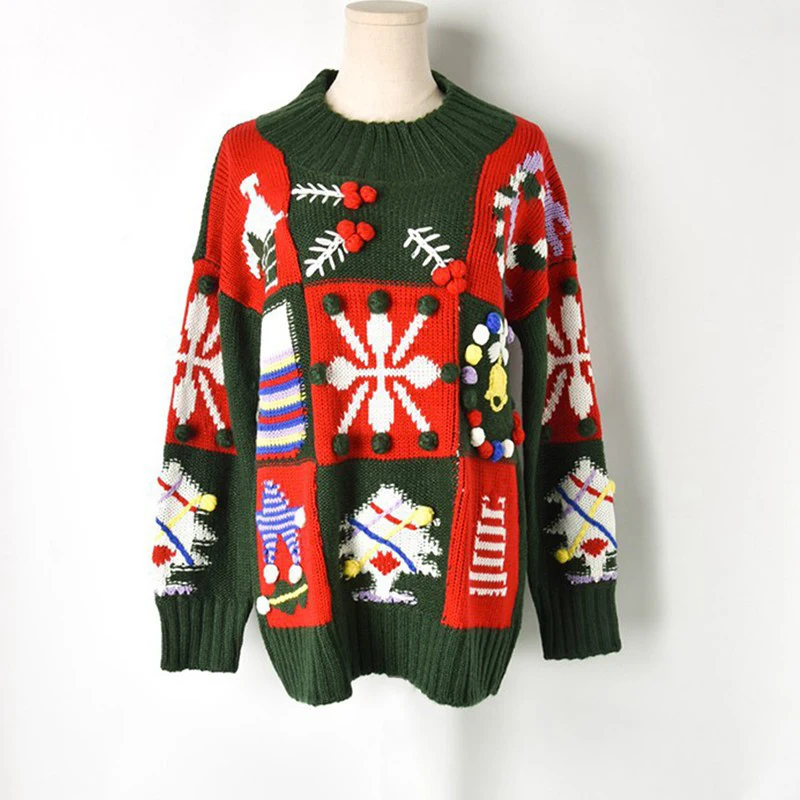 

Long Pullover Sweater Women Knitted O Neck Green Red Christmas Print Jumper Patchwork Warm Autumn Winter Korean Female Sweater