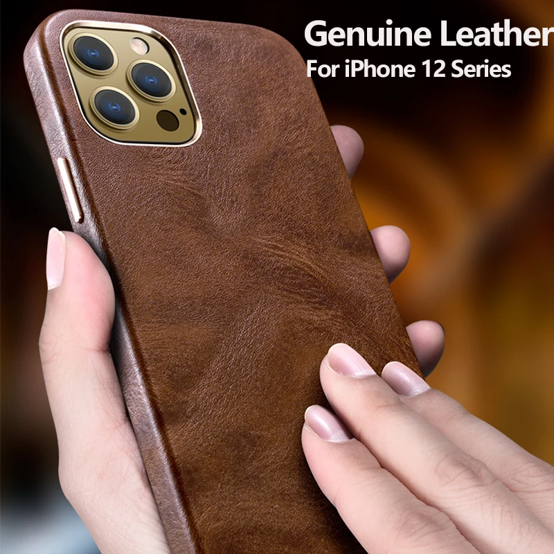 Genuine Leather Case for iPhone 12 Pro Max Vintage Real Skin Luxury Phone Back Cover for iPhone 12 Mini