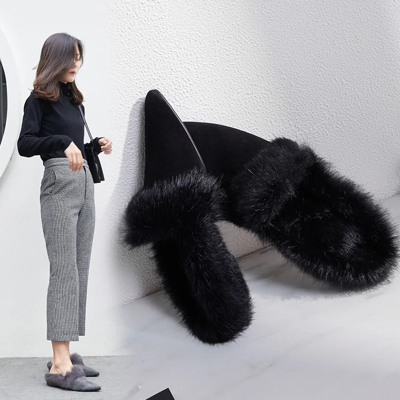 

2019 Spring New Style Versitile Fashion Low-top Shoes Pointed-Toe Furry ban tuo xie Solid Color Rabbit Fur Low Heel Warm Shoes