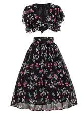 Summer Elegant Women 2 Piece Set Office Vintage Black Floral Print Tops Midi Skirts Falbala Pleated Chiffon Dress Women's Suit Summer Elegant Women 2 Piece Set Office Vintage Black Floral Print Tops Midi Skirts Falbala Pleated Chiffon Dress Women's Suit