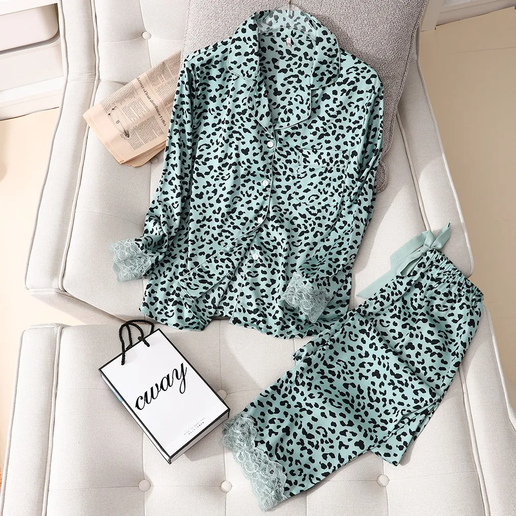 

2021 New Pajamas Set for Women Spring Summer Sexy Leopard Nightwear Silky Satin Sleepwear 2 Pieces Night Suit Loungewear