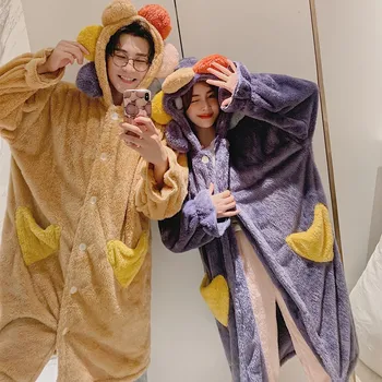 

Couple Nightgown Velvet Cute Bathrobe Cartoon Cardigan Button Pocket Hooded Robes for Women Fluffy Thick Warm Homewer Korean