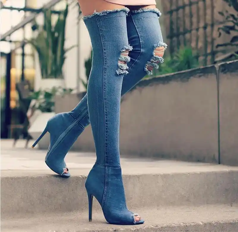 Bottes Sexy Femmes Cuissardes Bottes Sur Le Genou Bottes Hautes Peep Orteil Pompes Trou Bleu Talons Fermeture Eclair Denim Jean Chaussures Botas Aliexpress