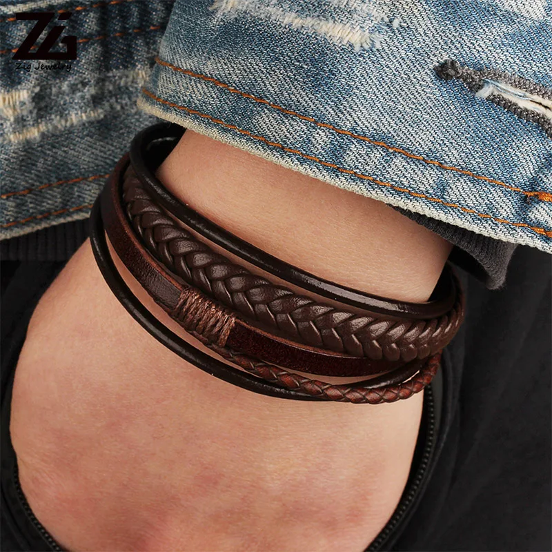 ZG pulsera trenzada de cuero negro marrón para hombre, brazalete elegante que combina con todo, a la moda|Pulseras de amuleto| - AliExpress