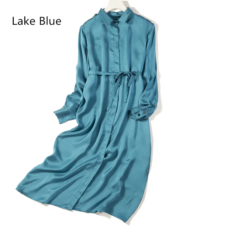 lake blue Женское Летнее шелковое платье, многоцветные платья из натурального шелка, элегантное платье, повседневное праздничное длинное платье-рубашка из натурального шелка - Цвет: lake blue