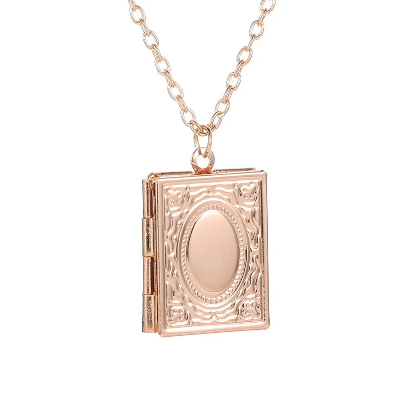 

Photo Frame Necklace Magic Book Pendant Open Locket Square Box Silver Rose Gold Color Women Men Chain Statement Charm Jewelry