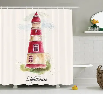 

Lighthouse Decor Shower Curtain Watercolor Lighthouse 3D Print Pastel Faded Bathroom Decor Polyester Fabric Curtain With Hooks