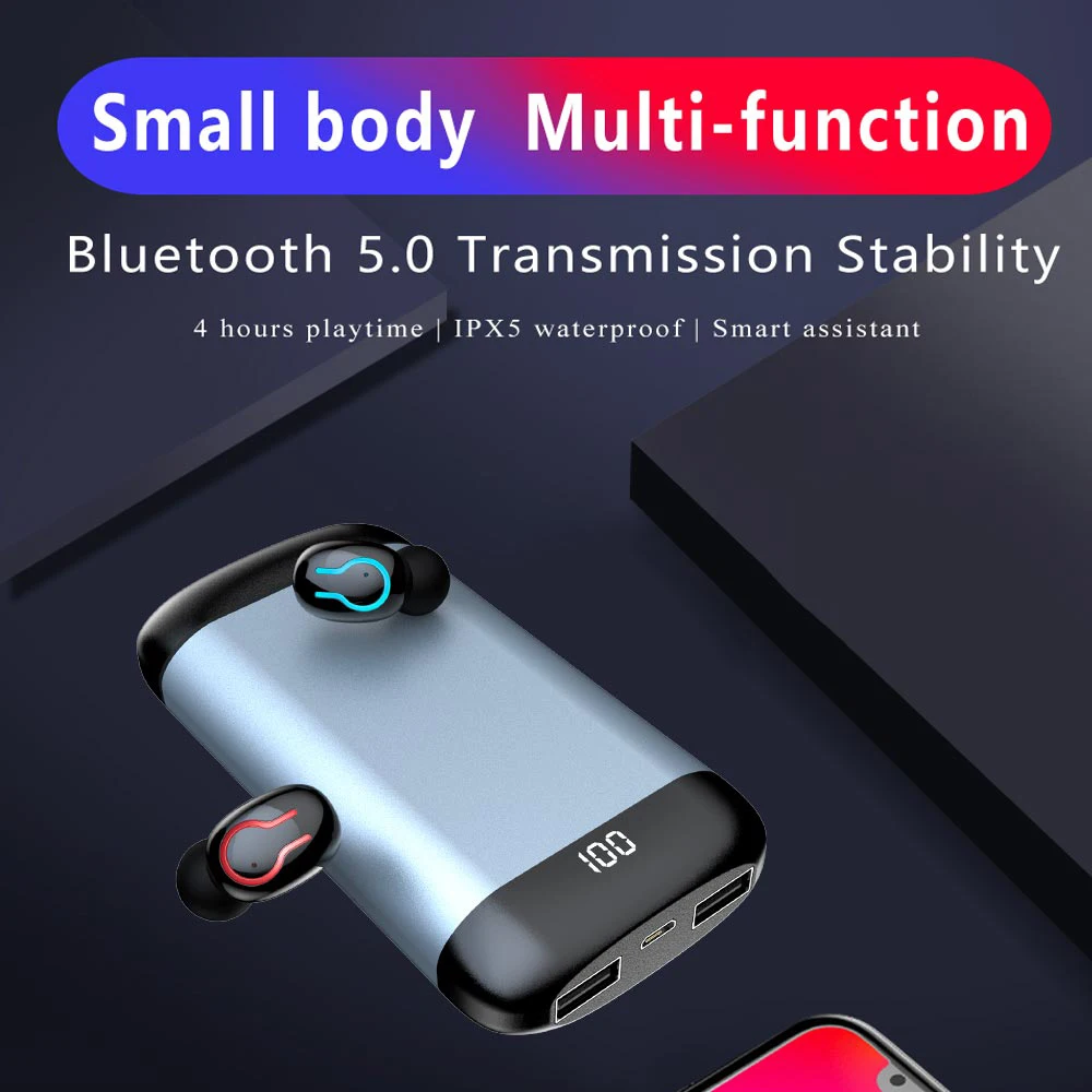 HIFI стерео Bluetooth наушники V5.0 спортивные водонепроницаемые наушники с двойным микрофоном и 6000 мАч Внешний аккумулятор беспроводные наушники
