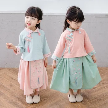 

Children's Clothing Sets For Girls Chinese Traditional Plum Hanging Ear Embroidery Kids Hanfu Party Dress Girls Tang Costume
