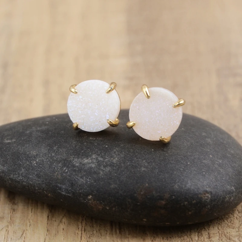 white druzy 10 мм серьги-гвоздики Druzy, изысканные радужные натуральные серьги-гвоздики Druzy, круглые черные белые серьги-гвоздики с драгоценными камнями из розового золота, подарки, Прямая поставка ZG0250 - Окраска металла: white druzy