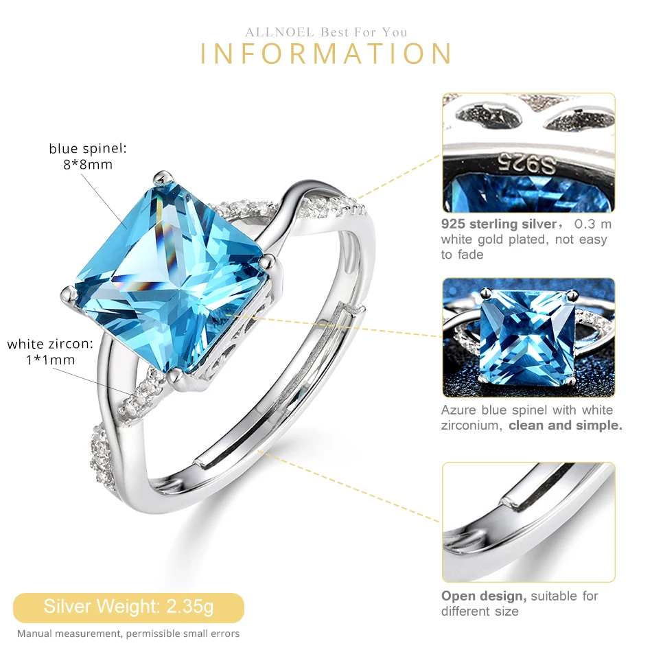 ALLNOEL Silver 925 Jewelry Gemstone Spinel Stunning Rings for Women White Gold Plated Adjustable Fine Jewelry Luxury Wedding