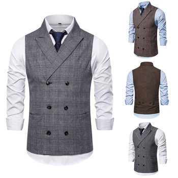 

Brand Men's Waistcoat 2019 Fashion Retro Tweed Vests Classic Sleeveless Plaid Suit Vest British Style Double Breasted Gilet