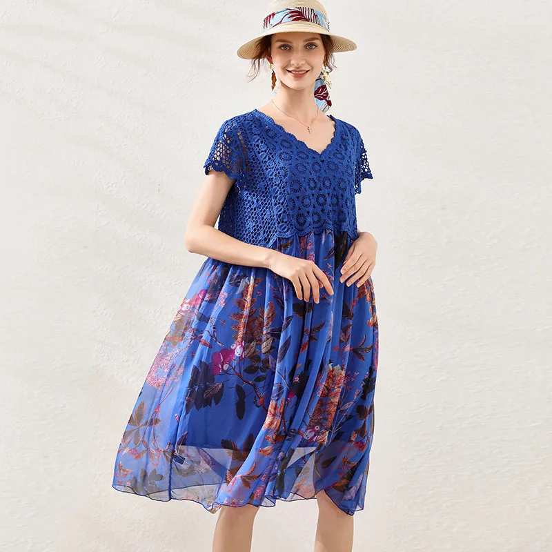 Летнее шифоновое платье с цветочным принтом кружевное вязаное лоскутное