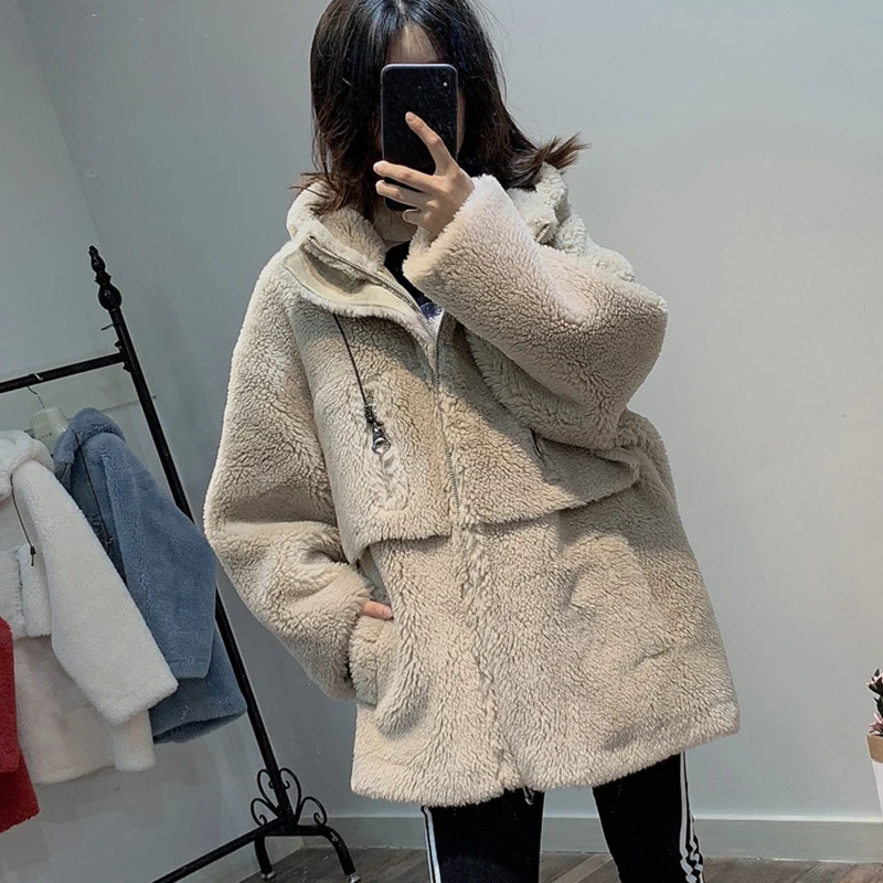 Khaki Пальто из искусственного меха с капюшоном Новое модное зимнее пальто для женщин 30% шерстяное пальто для женщин размера плюс плюшевое Пальто Толстая Теплая Повседневная одежда - Цвет: Khaki