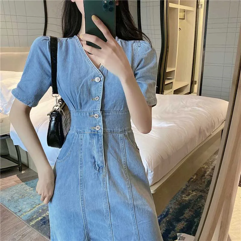 2020 For Female Summer Denim Dress One-Piece Vintage Elegant V-Neck Slim Puff Sleeve Dresses Women French Fashion Holiday Dress