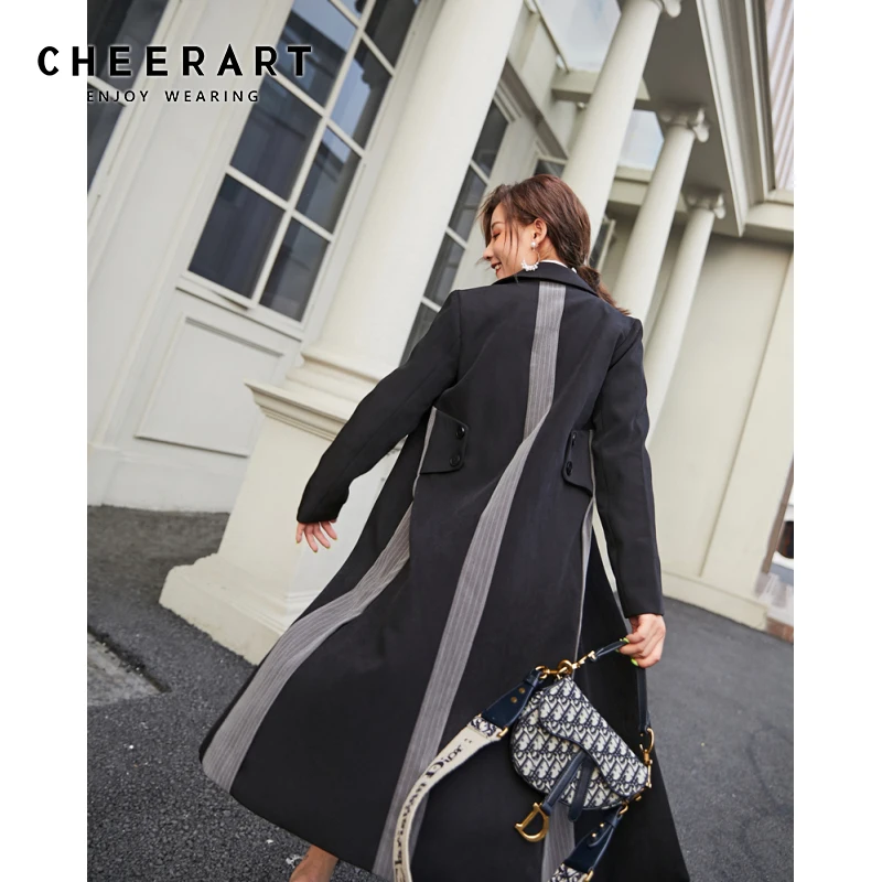 Длинное черное блестящее зимнее длинное пальто CHEERART в стиле пэчворк облегающий