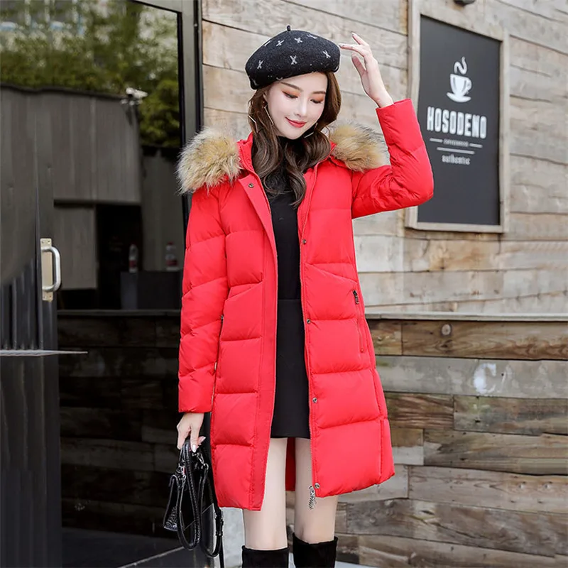 Новинка года; Зимний пуховик в Корейском стиле; длинное пальто из белого утиного пуха с соломенной шляпой и енотом; модное свободное теплое пальто Parker; ParkasYH572 - Цвет: red