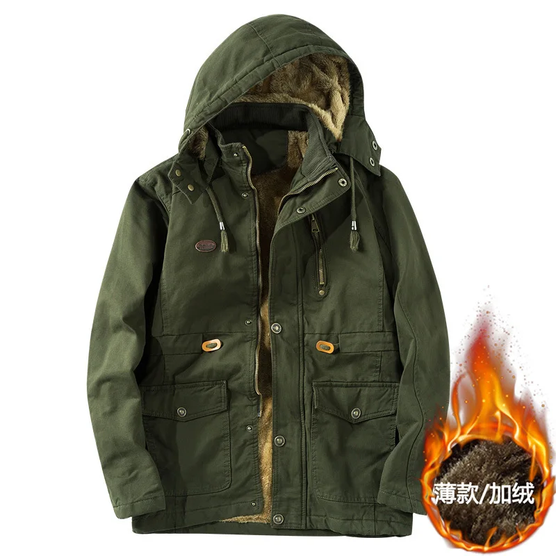 

Men's Casual Jacket Mid-length Pure Cotton Large Size Uniform Coat Winter plus Velvet Hooded Slim Fit Military Style Tops