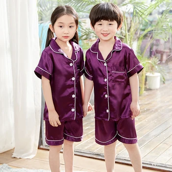 

Summer Girl Pajamas set Children High-grade sleepwear Suit kids short sleeved pyjama Imitation Silk boys nightwear suit 6 colors