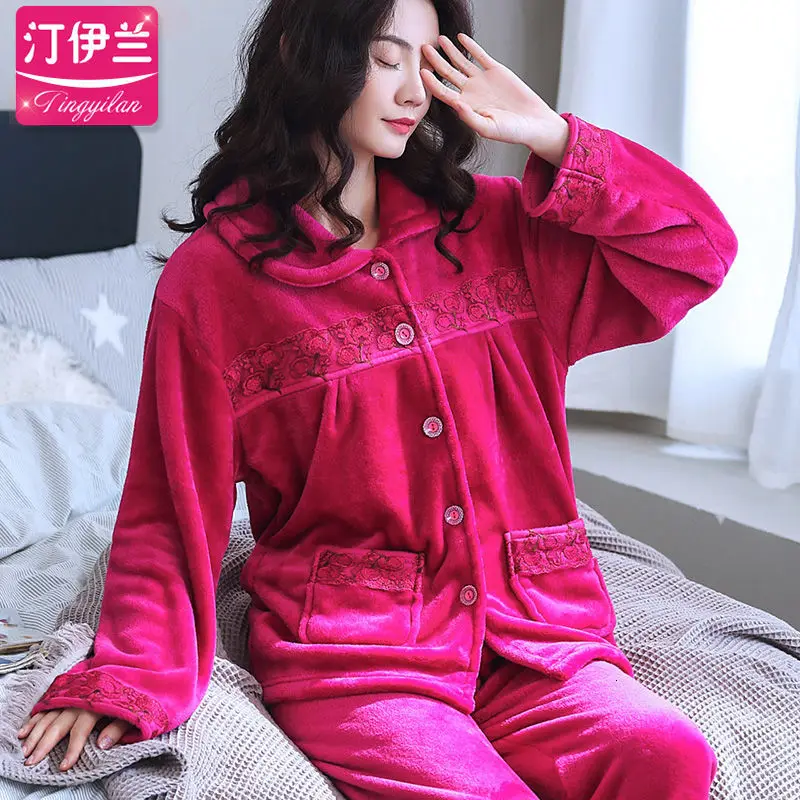 sleepwear women Пижамы женские фланелевые пижамы женские зимние теплые женские пижамы зимняя Пижама Femme домашний костюм женские длинные пижамы XXXL L - Цвет: sleepwear women