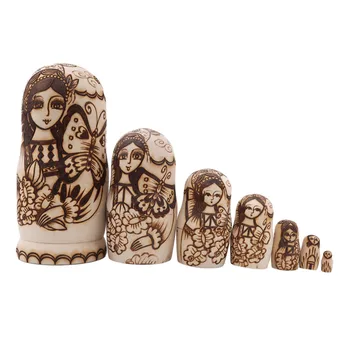 

7pcs Matryoshka Dolls Primary Color Wood Russian Girl Hold Dog Pattern Matryoshka Dolls Toy Craft Nesting Toys Birthday Gift