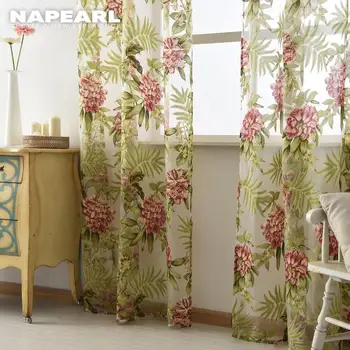 

NAPEARL 1 Piece Tulle Curtains Red Flower Spring Summer Transparent Sheer Fabrics for Window Treatments Short Panel