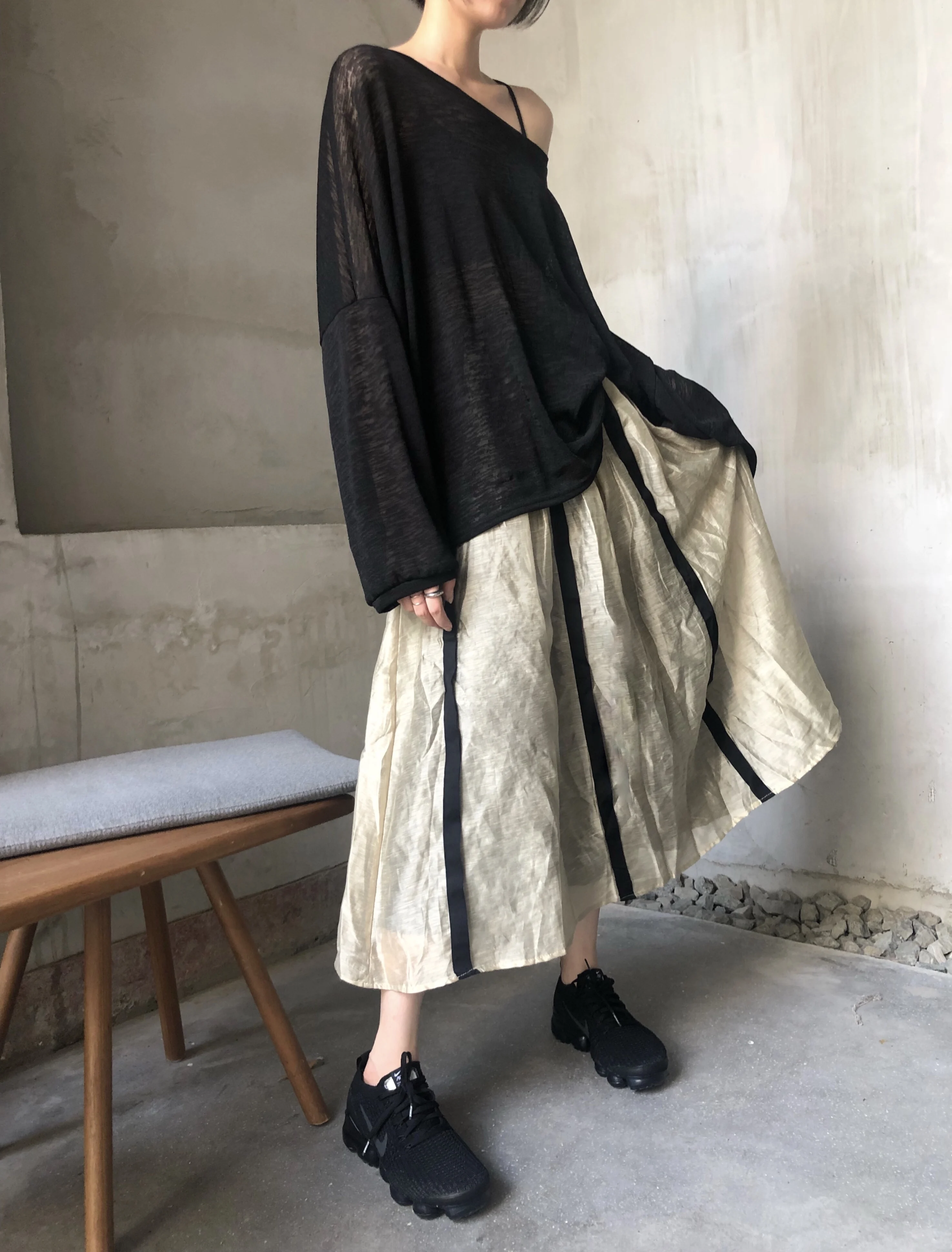 Плод I Tencel Uma Do Used Wind льняная цветная Полосатая юбка-полубоди