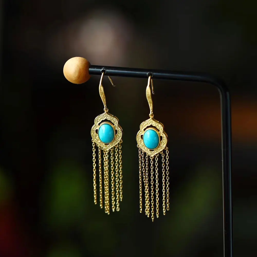 

RADHORSE Turquoise Earring Genuine 925 Sterling Silver Little fairy style Tassel Earring for Women Luxurious Style Golden earrin