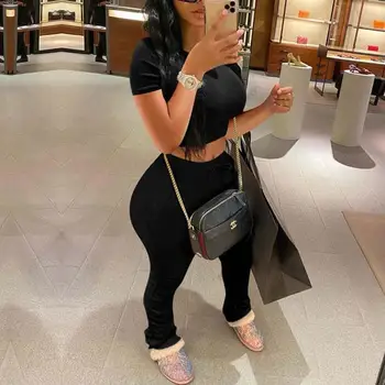 

2020 Stacked Pants Sweat Suits Women Summer Two Piece Set Stacked Leggings Two Piece Outfits Tracksuit Matching Sets For Women