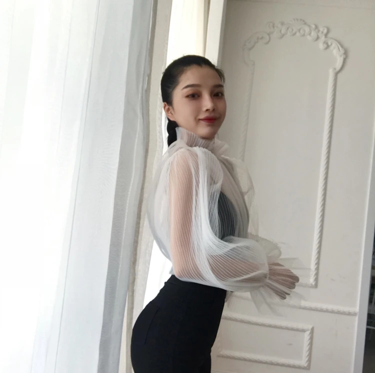 WHITNEY WANG блузки женские осень мода уличная просвечивается гофрированный с сеткой блузка женские блузы рубашки топы