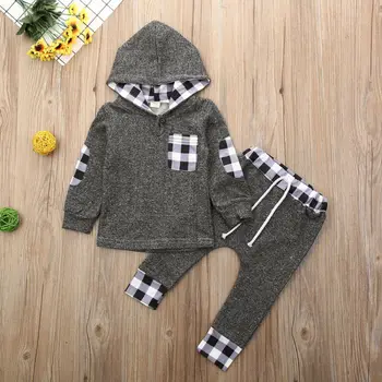 

Newest Baby Boy Plaid Long Sleeve Hoodie Tops Sweatshirt Pants Outfits Tracksuit