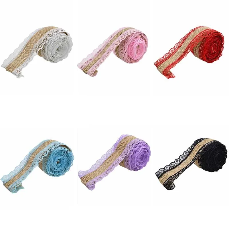 2m/roll 4cm Jute Ribbon Burlap Roll Hessian Ribbon With Lace Vintage Rustic Wedding Decoration DIY Craft Ornament Party Supplies