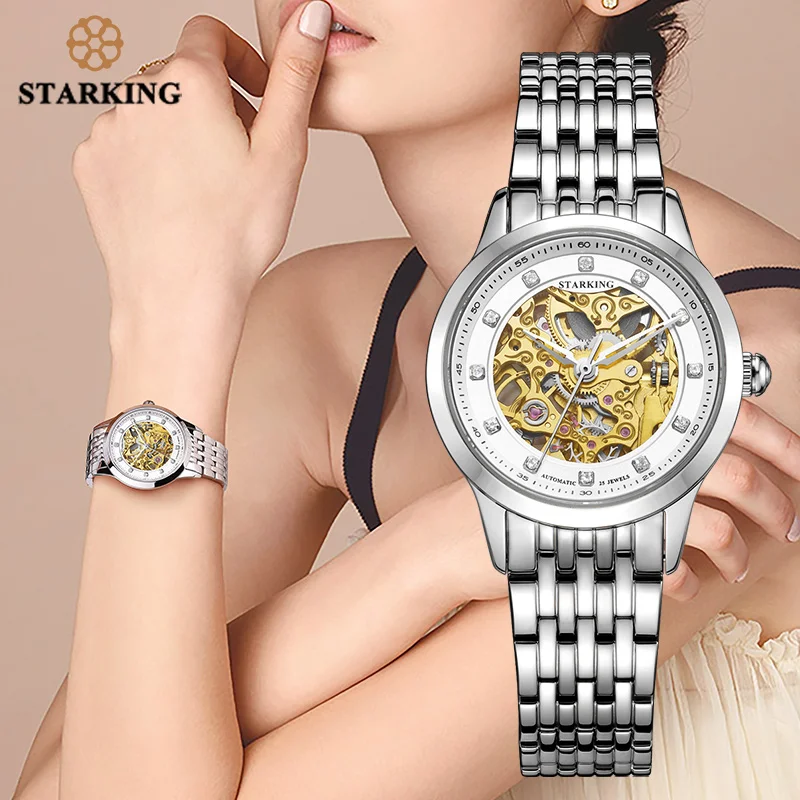 

STARKING Women Watch Skeleton Automatic Mechanical Wrist Watch Female Golden Design Women Fashion Casual Leather Watches Klockor