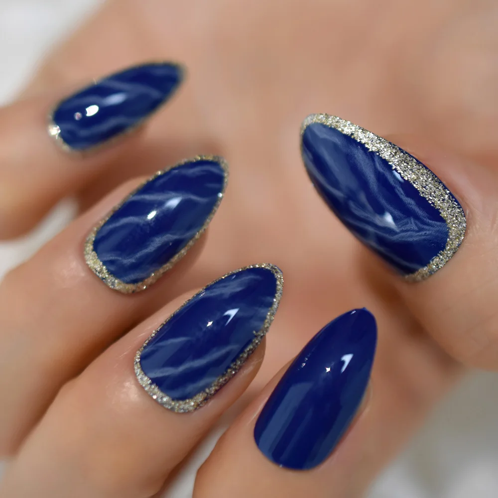 Marble Stiletto Fake Nails Silver Glitter Decorative Deep Blue Nail Art  Tips Press On Manicure With Adhesive Tab 24 - False Nails - AliExpress