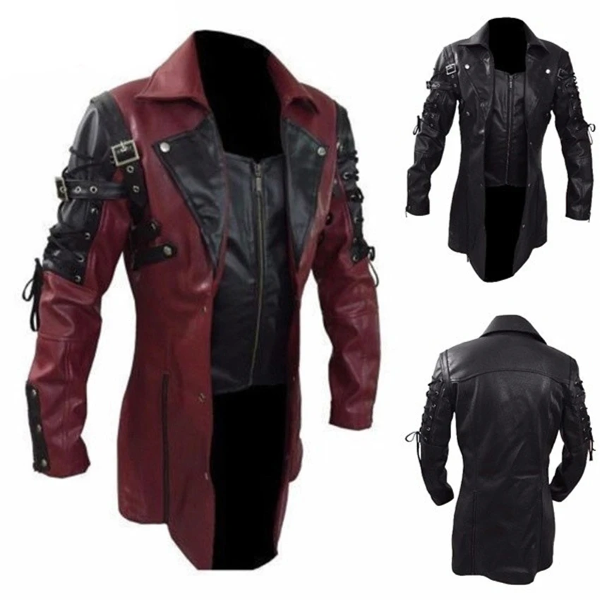 

Novelty Medieval Costume Knight PU Leather Jacket 2019 News Gothic Men Locomotive Vintage Coat Halloween Cosplay Bomber Fancy