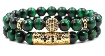

8mm 2PCS/Set hh23 elastic adjusted nature green Tigereye bead micro pave cz zircon cubic zirconia Copper Bangles Bracelet