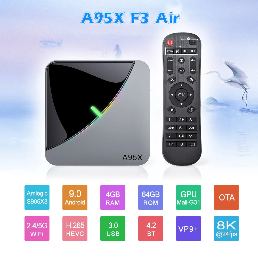 Skup A95X F3 powietrza światło rgb tv, pudełko z systemem Android 9.0 procesor Amlogic S905X3 smart tv box 4GB 64GB podwójny Wifi 4K 60fps Netflix Youtube 4K odtwarzacz multimedialny