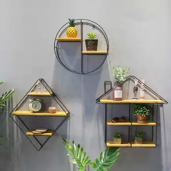 

Black Round Square Wall Shelf Rack Iron Partition Solid Wooden Partition Board Bedroom Living Room Wall Hanging Storage Holder