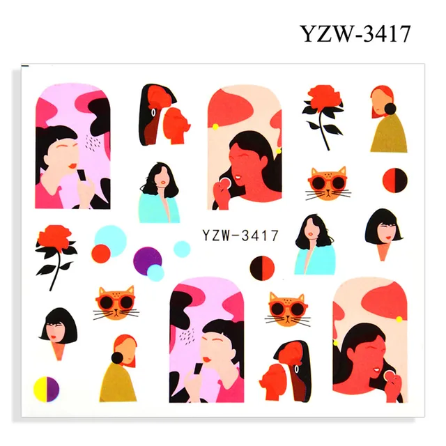 Colorful Face Flower Stickers Nail Stickers Transfer Nails Water Decal Nail Decals Leaf Sticker Series Watermark Nails Geometric YZW-3417