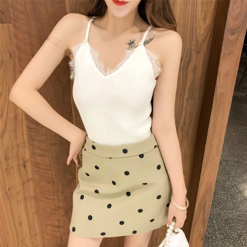 EFINNY Женская кружевная трикотажная рубашка Летняя Сексуальная V воротник Camisole тонкий с открытыми плечами майка