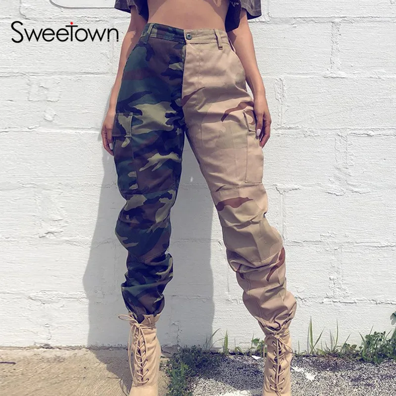 Sweetown Patchwork Camouflage Streetwear Cargo Pants Women Casual Ladies Joggers Trousers High Waist Hippie Harem Pants Cotton Sweetown Patchwork Camouflage Streetwear Cargo Pants Women Casual Ladies Joggers Trousers High Waist Hippie Harem Pants Cotton