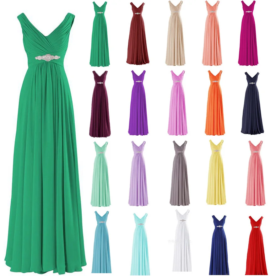 A Line Chiffon V Neck Crystals Elegant Floor Length Bridesmaid Dresses Wedding Party Evening Prom Homecoming Birthday Zipper bridesmaid dresses