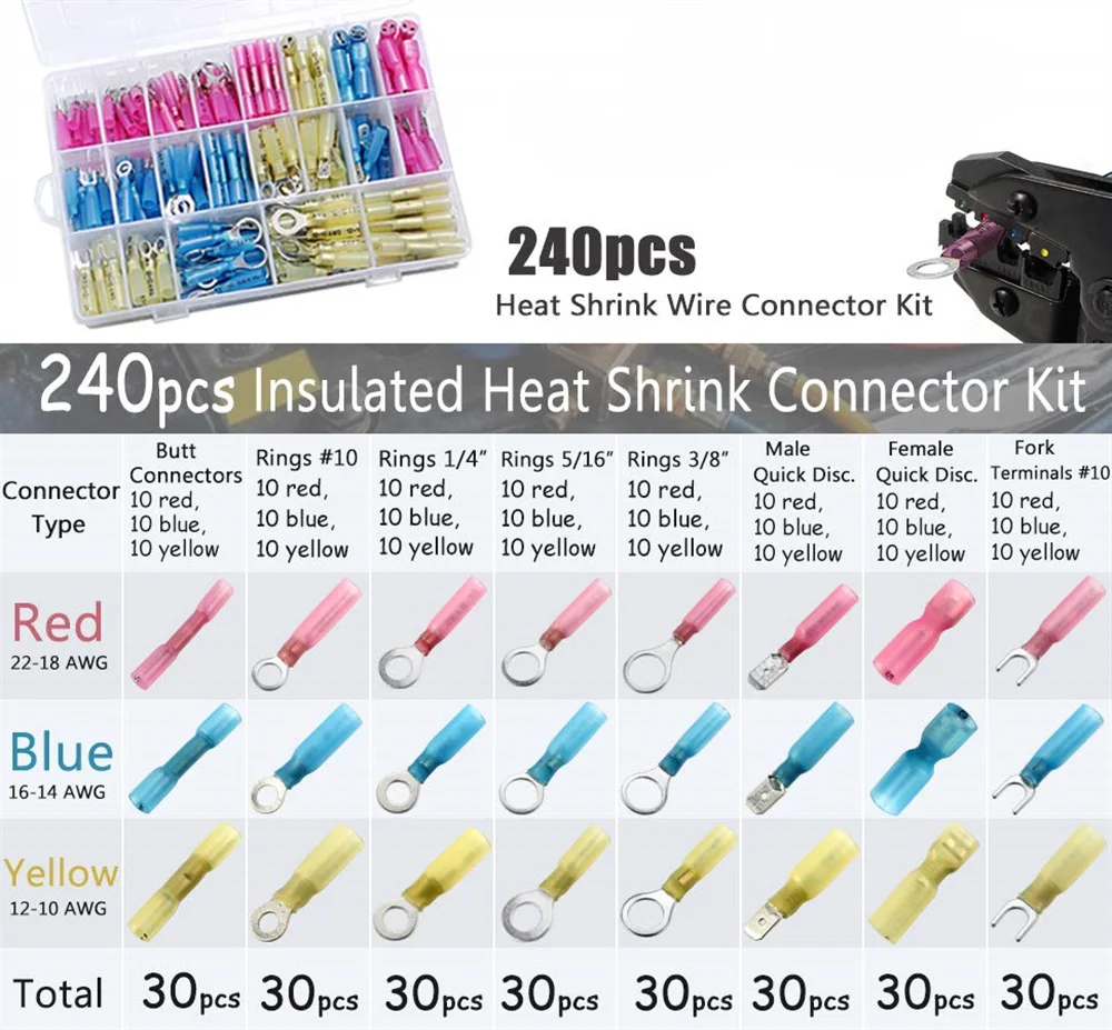 

240PCS 10-26AWG Heat Shrink Insulated Cable Electrical Wire Butt Connectors Waterproof Splice Crimp Terminals Kit Assortment