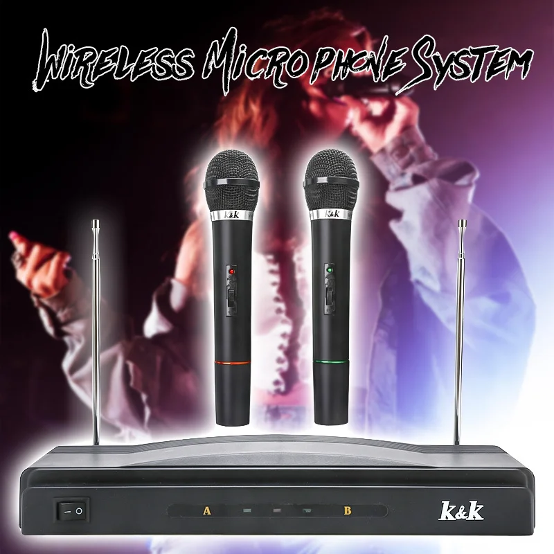 

Professional Dual VHF Wireless Microphone System Cordless Handheld with 2 x Mic Cordless Receiver High Quality