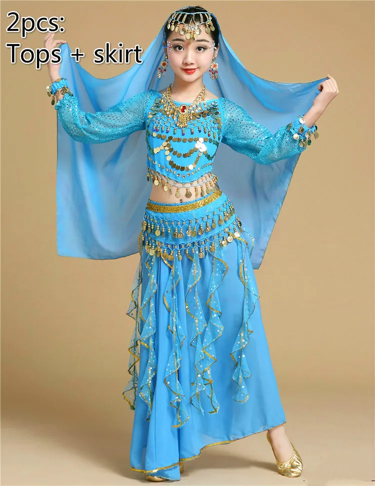 2pcs light blue Одежда для танца живота, Индийские танцы Болливуд, костюмы для детей, детская сексуальная одежда для танца живота, Восточный танец для сцены - Цвет: 2pcs light blue