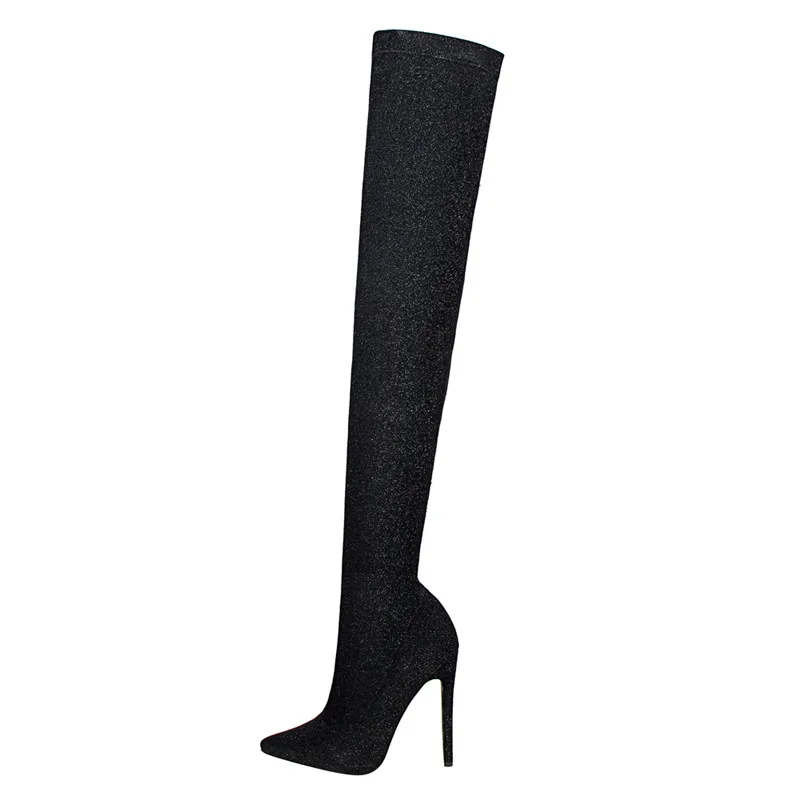 Осень-зима блеск Для женщин высокие сапоги элегантные туфли на шпильке, эластичные узкие Сапоги выше колена Обувь на высоком каблуке носки Ботинки