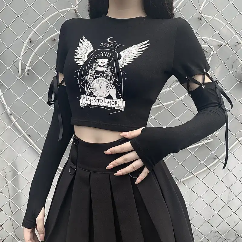 Gothgirlパンクファッションtシャツ女性長袖中空アウトレースアップグラフィックプリントトップストリートウェアダーク黒tシャツ女性 T Shirts Aliexpress