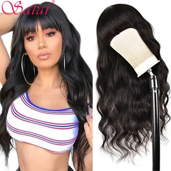 

Satai Body Wave Human Hair Wig With Bangs Peruvian Wig Full Machine Made Natural Color Remy Human Hair Wigs With Bang For Women