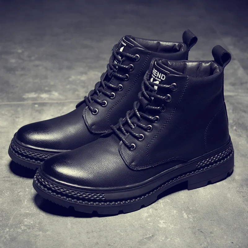 

Martin Boots Men's Hight-top Korean-style Versatile Trend plus Velvet Cotton Boots England Black And White with Pattern Mid-top