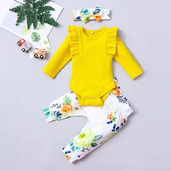 

Ruffles Long Sleeve Romper Bodysuit Newborn Baby Girl Clothes Spring Floral Cotton Pants Hairband For Toddler Girls Clothing Set